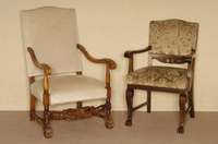 Armlehnstuhl, deutsch, um 1920, Barockstil, Nußbaum massiv, Gebrauchsspuren, ca. 98x64x63 cm, Sh. 50 cm St. 51 cm, Abbildung rechts
