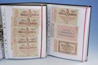 Konvolut 2 Alben, Kaiserreich, Reichsbanknoten nach 1904, Schwerpunkt: Weimarer Republik, Notgeld und sogn. Fleischkarten Bayern 1916, 1917, 1918, ...