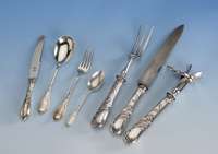 3-tlg. Tranchierbesteck, Frankreich, Paris, reiner Jugendstil, versilbert, Meistermarke AF = Frenais, Mohndekor, im Orig.-Etui