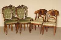 4 StÜhle, Italien, um 1960, Buche massiv, nußbaumfarben, Louis-Philippe-Stil, gebogene Beine, kanneliert, RÜckenlehne mit offener BekrÖnung, ...