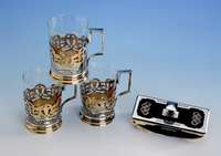6 TeeglÄser, Rußland nach 1967, 875er Silber, Tula-Silber, teilvergoldet, GlaseinsÄtze, H ca. 11 cm, berieben