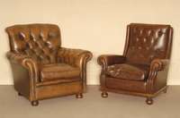 Ledersessel, England, um 1960, Chesterfield, auf KugelfÜßen, Rindsleder genoppt und geheftet, hellbraunes Leder, Gebrauchsspuren, ca. 90x90x82 ...