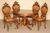 Tisch und 4 StÜhle, Italien, Barockstil, Buche massiv, nußbaumfarben, Tisch mit balusterfÖrmigem Fuß, 4-fach ausladend, wellenfÖrmige Zarge ...
