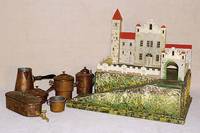 Ritterburg, wohl Hauser, wohl 30er/40er Jahre , Holz, mit kompletten Fronten, ca. 40 x 28 cm, l. bespielt