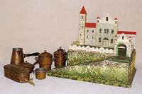 Konvolut OfenzubehÖr, wohl MÄrklin (?), 20er/30er Jahre, Blech verkupfert, WasserwÄrmer, Kasserolle, Kanne, Stielkanne, 2 TÖpfe, 1 x ohne ...