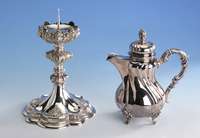Moccakanne, deutsch um 1900, 925er Silber, Barockstil, Deckel mit Scharnier, Griff mit DÄmmringen, auf 4 FÜßen stehend, H ca. 19 cm, ca. 410 g