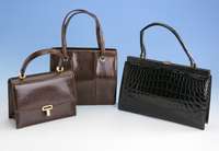 Kroko-Handtasche, Braun-Schwarz, Glanzoptik, Tragespuren, ca. 30 x 19.5 cm