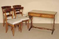 4 StÜhle, England, um 1860, viktorianisch, Buche massiv, Pyramidenmahagonifurnier gespiegelt verlegt, Vorderbeine gedrechselt, Front leicht ...