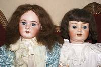 Porzellankopfpuppe, Simon & Halbig, fÜr Jumeau, DEB 13, um 1900, brÜnette EchthaarperÜcke, blaue feststehende Glasaugen, Wimpern, offener Mund, ...