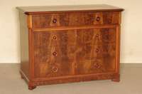Kommode, deutsch, um 1840/50, SpÄtbiedermeier, Korpus Weichholz, Mahagonifurnier gespiegelt, abgeschrÄgte Ecken , mit aufgesetzten hablrunden ...