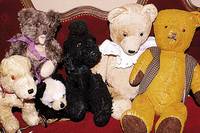 Konvolut 4 Steiff-Tiere, 30er-50er Jahre, best. aus: Pudel, Hund auf Rollen, Panda (Rollen fehlen) und Teddy (dieser wohl Herrmann), alle ...