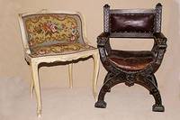 Kinderhocker, Barockstil, um 1960, nach altem Vorbild, Holz weiß gefasst, Bezug mit Petit-Point- Stickerei, H.ca.67cm, Sitzh.ca .44cm, l. ...