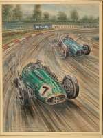 PHIL MAY "Stirling Moss" - Gouache - erster Sieg in einem Maserati 250F 1954