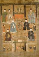 Ahnenbild, China, um 1700, ca. 160 x 109 cm, SchÄtzwert: 2500.- EURO, altersbedingter Zustand. Auf Baumwolle gemalt. Qing-Dynastie.
