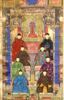 Ahnenbild, China um 1800, ca. 184 x 88 cm, altersbedingter Zustand, Quing-Dynastie auf Seide gemalt