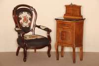 Sessel, deutsch/wohl Berlin, um 1860, Louis -Philippe, Mahagoni massiv, auf gebogenen Beinen und RÜckenlehne, kanneliert, RÜckenlehne ...