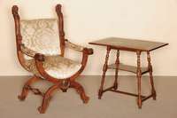 Spiel- oder Beistelltisch, deutsch, um 1880, GrÜnderzeit, Eiche massiv, z.T. Eichefurnier, gedrechselte Beine, schrÄges Gestell, mit ...