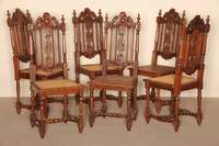 6 StÜhle, Frankreich, um 1880, Eiche massiv, Beine verstrebt, RÜcken mit Schnitzereien aus dem Vollholz, Obstdekor, Korbgeflecht, 2 Teile ...