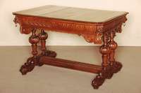 Delfintisch, Frankreich, um 1870, Eiche massiv, FÜße geschnitzt, vorstellend 4 Delfine , verstrebt, Platte getragen von 4 gedrechselten SÄulen, ...