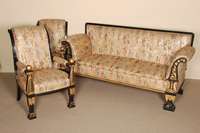Sofagarnitur, deutsch, um 1880, Louis-Seize -Stil, bestehend aus Sofa und 2 Sesseln, ebonisierte Rahmen mit geschnitzten vergoldeten BlÜten und ...
