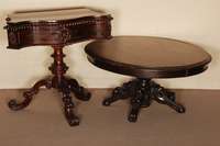 Couchtisch, Frankreich, um 1860/70, Eiche massiv, ovale Arbeitsplatte mit geschuppter Umrandung, SÄulenfuß 4-fach ausladend, diese mit 4 ...