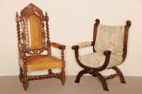 Prunksessel, Frankreich, um 1870, Eiche massiv, stark gedrechselte Beine und Hochlehne , Beine verstrebt, Lehnenabschluß mit prunkvoller ...
