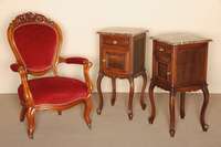 Sessel, deutsch, um 1860, Louis-Philippe, Gestell Mahagoni, gebogene Beine und Armlehnen , RÜckenlehne geschweift und mit BekrÖnung, vorstellend ...