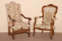 Armlehnsessel, deutsch, um 1960, Louis -Philippe-Stil, Buche massiv, nußbaumfarben, auf gebogenen Beinen und RÜckenlehne, z.T. profiliert, ...