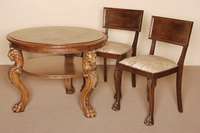Salontisch mit 2 StÜhlen, deutsch, um 1910, Weichholz und Nußbaum massiv, Barockstil mit Jugendstilelementen, Tisch Weichholz, Nußbaum- und ...