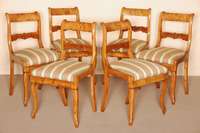 6 StÜhle, um 1840, Esche massiv, Esche furniert, leicht gebogene Beine und Zarge, RÜckenlehne mit plastischem Schnitzwerk, Bezug sekundÄr, ...