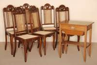 6 StÜhle, deutsch, um 1880, Eiche massiv, im gothischen Stil, leicht gebogene Hochbeine, Sitz und RÜckenlehne mit Korbgeflecht, z.T. erneuert, ...