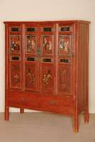 Schrank, China, um 1900, Weichholz, leicht konischer Korpus, auf eckigen Hochbeinen, rot gefaßt, 4-tÜrig mit bemalter Figurenstaffage, leicht ...
