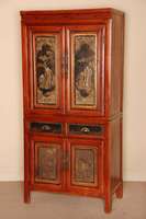 Schrank, Asien/China, um 1900, Korpus Weichholz, 4-tÜrige Front mit dazwischenliegenden 2 Schubladen, TÜrfÜllungen mit original Lackarbeiten ...
