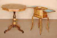 Handarbeitstischchen, Holland, um 1840/50, SpÄtbiedermeier, Mahagoni, auf gebogenen Beinen, 8-eckiges KÄstchen mit Fadenintarsien, Platte zu ...