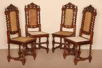 4 StÜhle, Frankreich, um 1880, Eiche massiv, gedrechseltes korkenzieherfÖrmiges Sitzgestell, RÜckenlehnen mit Vogeldekor und umlaufendem ...
