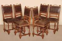 6 StÜhle, Frankreich, um 1880, Eiche massiv, Henry Deux, auf gedrechselten Beinen, verstrebt, RÜckenlehne mit muschelfÖrmigen kleinen ...