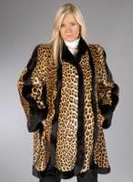 Leoparden-Swingermantel, Gr. 42, Leopardenfelle mit ZwischennÄhten und SÄume aus schwarzem Nerz, Kragen, 2 seitl. Einschubtaschen, schwarzes ...