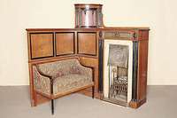 Ofeneckgestaltung, deutsch, um 1905/10, Jugendstil mit Empireanspielung in asymetrischer Anordnung, bestehend aus Ofenverkleidung, Vitrinenteil und ...