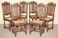 Sechs Stühle, Niederlande/Beligen, um 1880/90 , Barockstil mit Renaissanceeinfluß, reiche Drechsel- bzw. Durchbrucharbeit, Beine verschränkt, ...