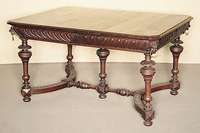 Ausziehtisch, Belgien, um 1880/90, Eiche massiv, Eichefurnier, Beine verschränkt, Balusterbeine in sich 10-fach differierend, Akanthusblatt- und ...