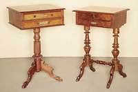 Nähtisch, deutsch, um 1890, Gründerzeit, Nußbaum z.T. Weichholz, auf gedrechselten Säulenfüßen, 3-fach ausladend, kastenförmige Schublade, ...
