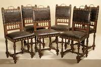 Sechs Stühle, Frankreich, um 1890/1900, Henry Deux, Eiche massiv, auf gedrechselten Säulen, Beine verstrebt, Rückenlehne mit Drechselarbeiten, ...