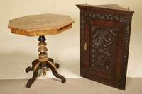 Hängeeckschrank, England, um 1870, Frontseite Eiche massiv, Rückseite Weichholz, Lisenen mit schuppenförmiger Schnitzerei, Türfüllungen mit ...