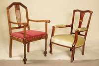 Stuhlsessel, Frankreich, um 1935, Eiche massiv, z.T. im ArtDeco-Stil mit Louis-Seize -Einfluß, Eiche massiv, Drechselarbeit, vielfach gerieft, ...