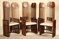 6 Hochlehnstühle, nach englischem Vorbild von Macintosh, Tropenholz auf Palisander gebeizt, raffiniert Verleimung und Versprossung, elegantes Design ...