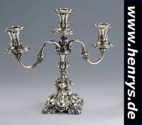 3-flammiger Kerzenleuchter, deutsch um 1900, nach dem Vorbild von 1860, 800er Silber, Meistermarke Hugo Böhm, Schwäbisch-Gmünd, ca. 545 g, H ca. ...