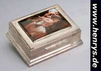 Deckeldose, Sterling Silber, Korpus Holz, Deckel mit eingelegtem Email- bild, schwere Ausf., ca. 4 x 11 x 9 cm