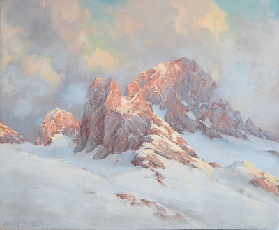Merker, Walter, Schwarzwaldmaler 1930/40er Jahre, Dachsteingebirge, "Mitterspitze" so verso bez., Öl/Malkarton, signiert, 60 x 70 cm, ...