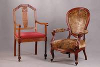 Stuhlsessel, Frankreich, um 1935, Eiche massiv, z.T.im Art-Deco-Stil mit Louis-Seize- Einfluß, Drechselarbeit, vielfach gerieft, Handlauf in Voluten ...