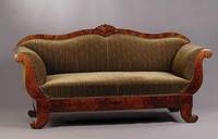 2-sitzer Biedermeiersofa, süddeutsch/ Frankfurt, um 1835/40, Korpus Weichholz, Wurzelnußfurnier gespiegelt verlegt, Andeutung von Füllhörnern ...